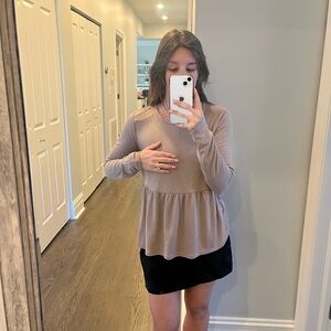 Tan Peplum Blouse with Pink Accents